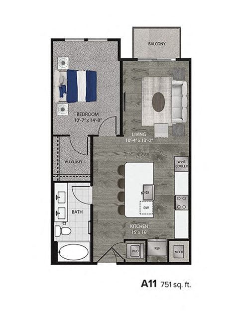 Floor plan for 1 bed, 1 bath, 751 sqft